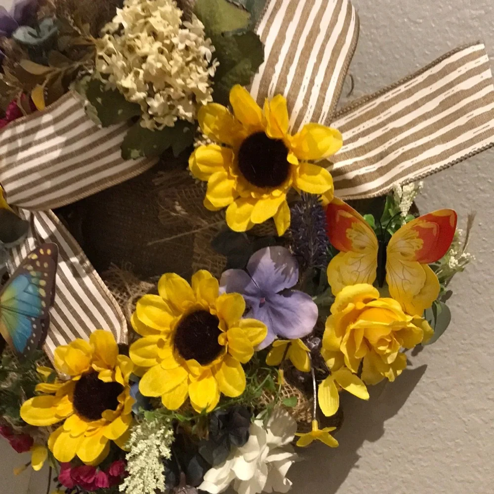 Autumn Sunflower Wreath Adorable 2 Small Butterflies Small Sized FINAL SALE